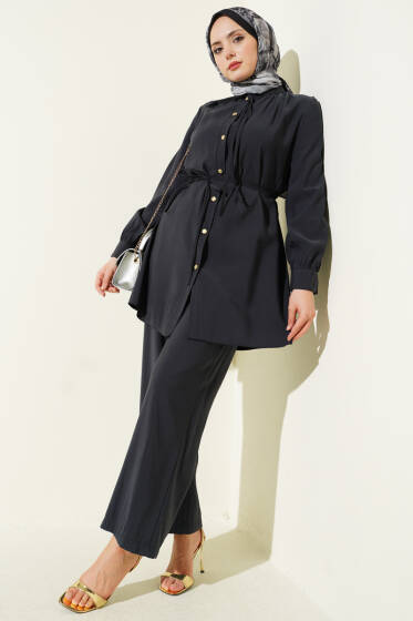 Gold Düğmeli İp Kuşaklı Modal İkili Takım Füme - İkili Takım