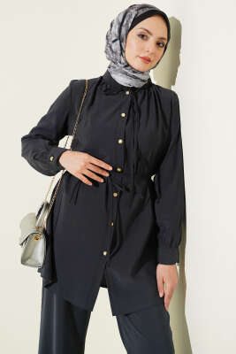 Gold Düğmeli İp Kuşaklı Modal İkili Takım Füme - İkili Takım