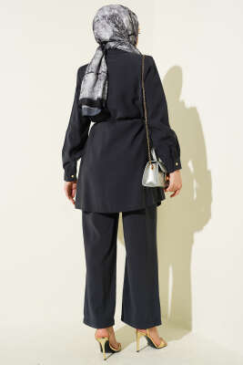 Gold Düğmeli İp Kuşaklı Modal İkili Takım Füme - İkili Takım