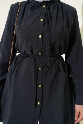 Gold Düğmeli İp Kuşaklı Modal İkili Takım Füme - İkili Takım