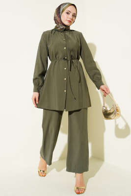 Gold Düğmeli İp Kuşaklı Modal İkili Takım Haki - MUSTİ