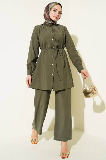 Gold Düğmeli İp Kuşaklı Modal İkili Takım Haki - İkili Takım
