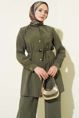 Gold Düğmeli İp Kuşaklı Modal İkili Takım Haki - İkili Takım