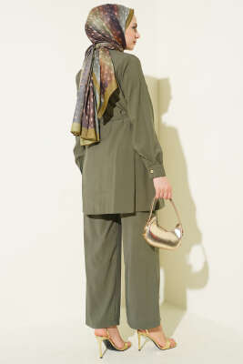 Gold Düğmeli İp Kuşaklı Modal İkili Takım Haki - İkili Takım