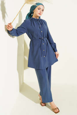 Gold Düğmeli İp Kuşaklı Modal İkili Takım Lacivert - MUSTİ