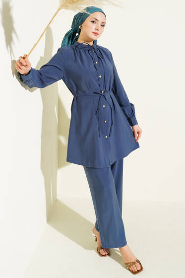 Gold Düğmeli İp Kuşaklı Modal İkili Takım Lacivert - İkili Takım