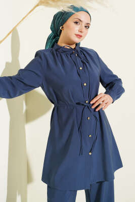 Gold Düğmeli İp Kuşaklı Modal İkili Takım Lacivert - İkili Takım