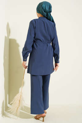 Gold Düğmeli İp Kuşaklı Modal İkili Takım Lacivert - İkili Takım