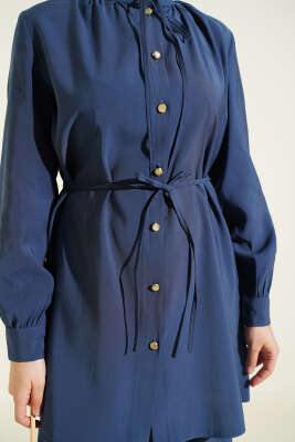 Gold Düğmeli İp Kuşaklı Modal İkili Takım Lacivert - İkili Takım