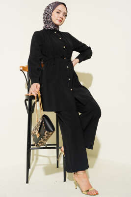 Gold Düğmeli İp Kuşaklı Modal İkili Takım Siyah - MUSTİ