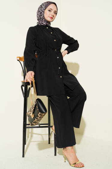 Gold Düğmeli İp Kuşaklı Modal İkili Takım Siyah - İkili Takım