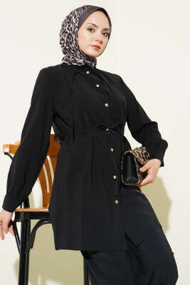 Gold Düğmeli İp Kuşaklı Modal İkili Takım Siyah - İkili Takım