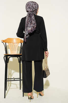 Gold Düğmeli İp Kuşaklı Modal İkili Takım Siyah - İkili Takım