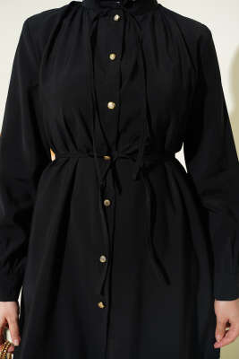 Gold Düğmeli İp Kuşaklı Modal İkili Takım Siyah - İkili Takım