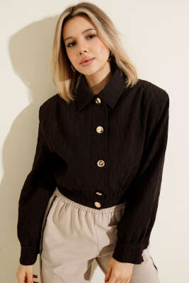 Gold Düğmeli Kabartmalı Kısa Ceket Kahve - QUZU