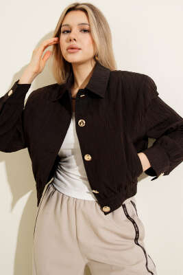 Gold Düğmeli Kabartmalı Kısa Ceket Kahve - Kadın Giyim Modelleri