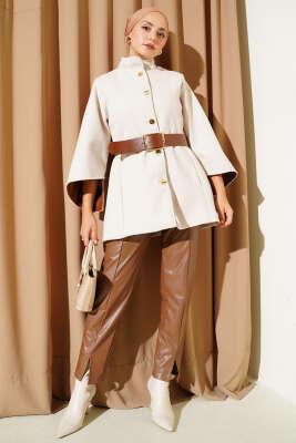 Gold Düğmeli Kaşe Panço Bej - Panço