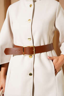 Gold Düğmeli Kaşe Panço Bej - Panço