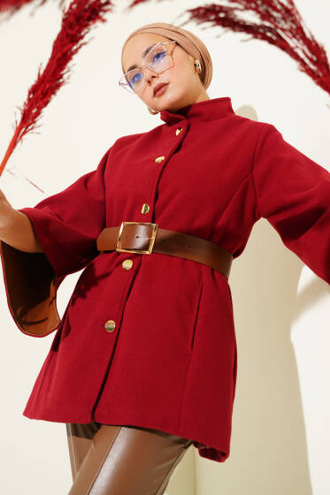 Gold Düğmeli Kaşe Panço Bordo - Panço