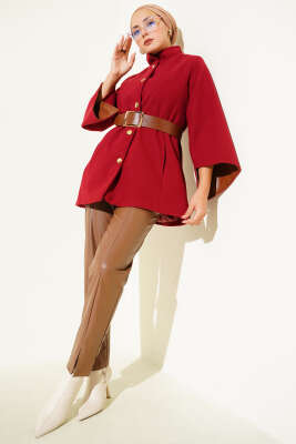 Gold Düğmeli Kaşe Panço Bordo - Panço