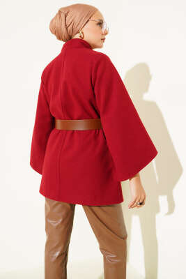 Gold Düğmeli Kaşe Panço Bordo - Panço