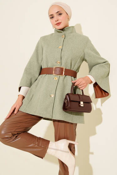 Gold Düğmeli Kaşe Panço Çağla Yeşili - Panço