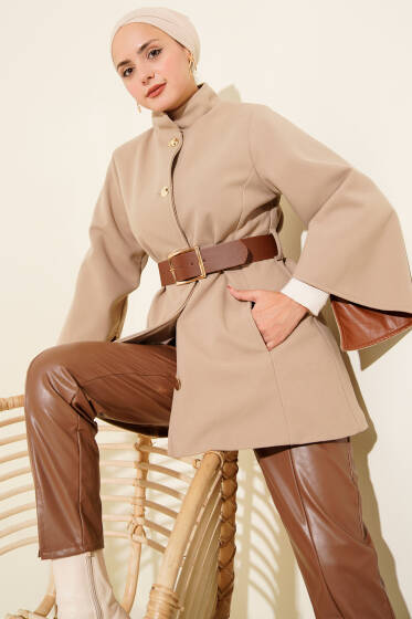 Gold Düğmeli Kaşe Panço Camel - Panço