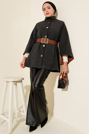 Gold Düğmeli Kaşe Panço Füme - Panço