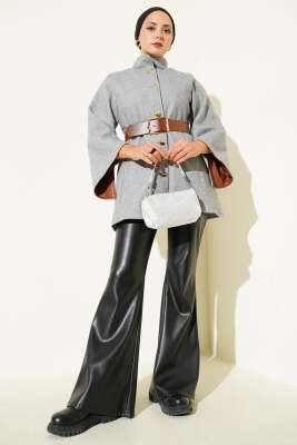 Gold Düğmeli Kaşe Panço Gri - Panço