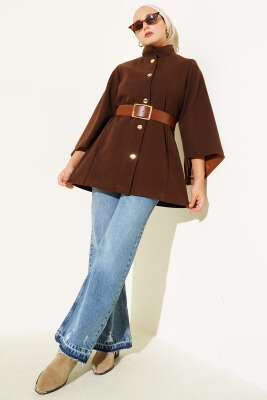 Gold Düğmeli Kaşe Panço Kahve - Panço