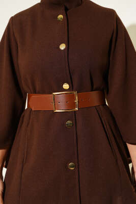 Gold Düğmeli Kaşe Panço Kahve - Panço