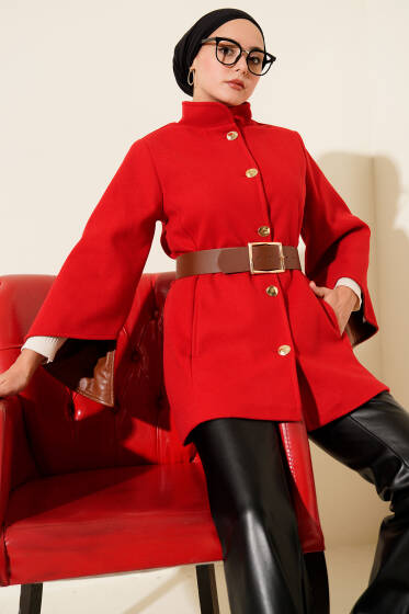 Gold Düğmeli Kaşe Panço Kırmızı - Panço