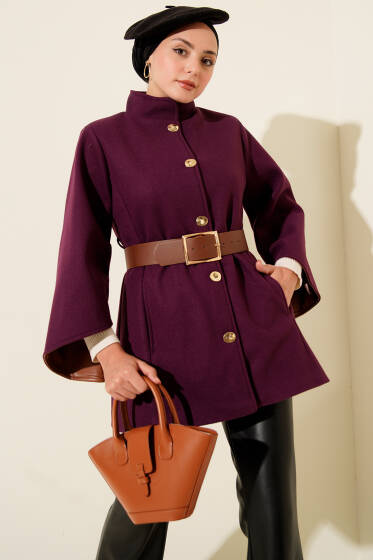 Gold Düğmeli Kaşe Panço Mor - Panço