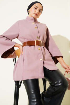 Gold Düğmeli Kaşe Panço Pudra - Panço