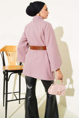 Gold Düğmeli Kaşe Panço Pudra - Panço