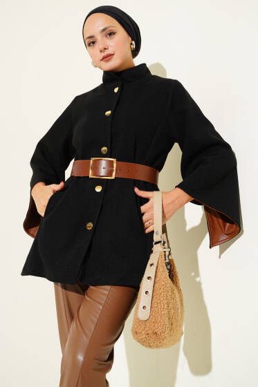 Gold Düğmeli Kaşe Panço Siyah - Panço