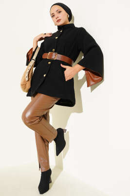 Gold Düğmeli Kaşe Panço Siyah - Panço