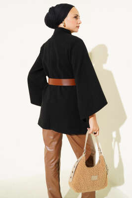 Gold Düğmeli Kaşe Panço Siyah - Panço