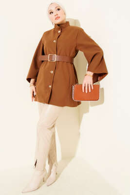 Gold Düğmeli Kaşe Panço Taba - Panço