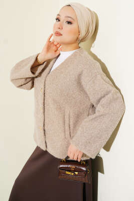 Gold Düğmeli Keçe Kısa Ceket Bej - VAV TEKSTİL