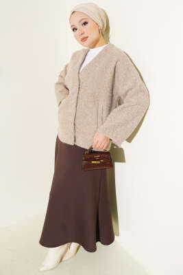 Gold Düğmeli Keçe Kısa Ceket Bej - Ceket