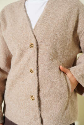 Gold Düğmeli Keçe Kısa Ceket Bej - Ceket