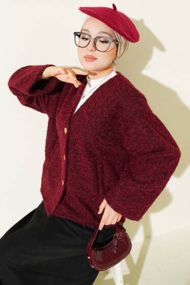 Gold Düğmeli Keçe Kısa Ceket Bordo - Ceket