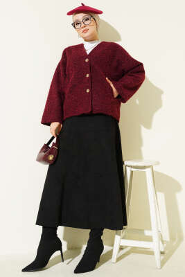 Gold Düğmeli Keçe Kısa Ceket Bordo - Ceket