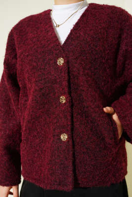 Gold Düğmeli Keçe Kısa Ceket Bordo - Ceket