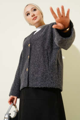 Gold Düğmeli Keçe Kısa Ceket Füme - VAV TEKSTİL