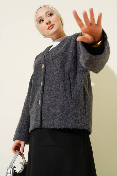 Gold Düğmeli Keçe Kısa Ceket Füme - Ceket