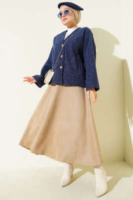 Gold Düğmeli Keçe Kısa Ceket Lacivert - Ceket