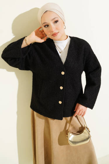 Gold Düğmeli Keçe Kısa Ceket Siyah - Ceket