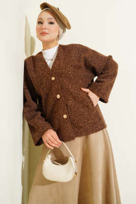 Gold Düğmeli Keçe Kısa Ceket Taba - VAV TEKSTİL